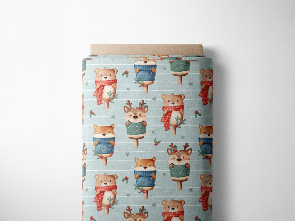 Lagerware: Bio Jersey „Winter Lollies sky“ exklusive Eigenproduktion Bio Jersey, 95% Baumwolle, 5% Elasthan, 210g/m²,