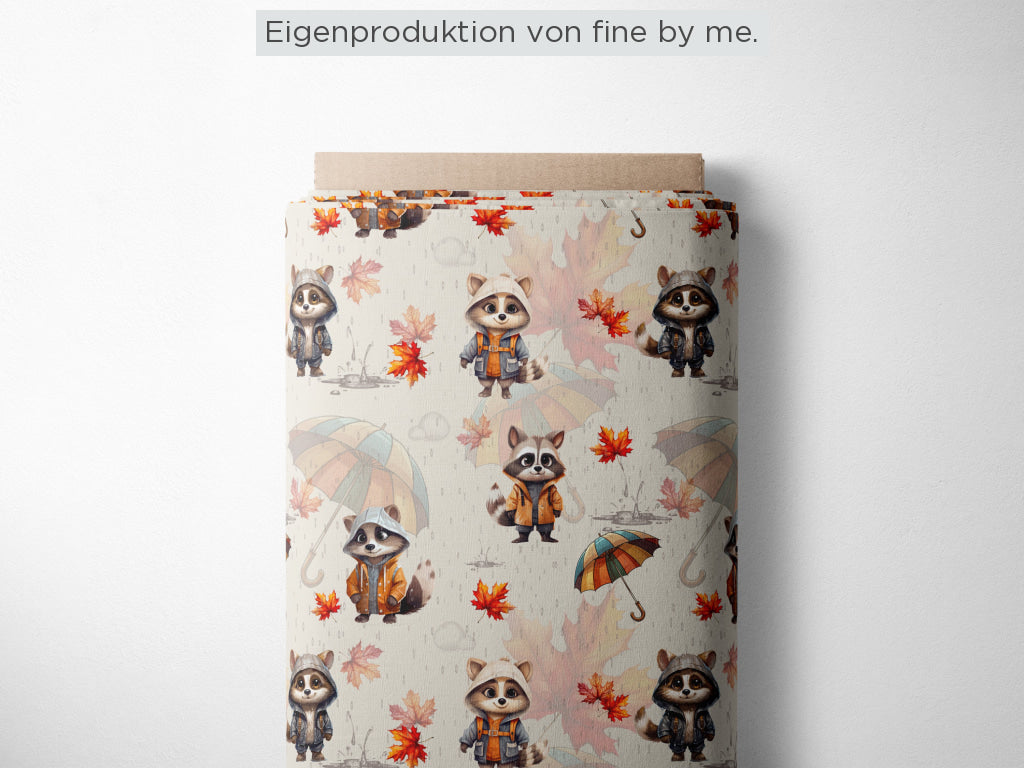 RESTSTÜCK 150cm Bio Sommersweat „Herbstwaschbären“ Eigenproduktion Bio Sommersweat, 95% Baumwolle, 5% Elasthan,