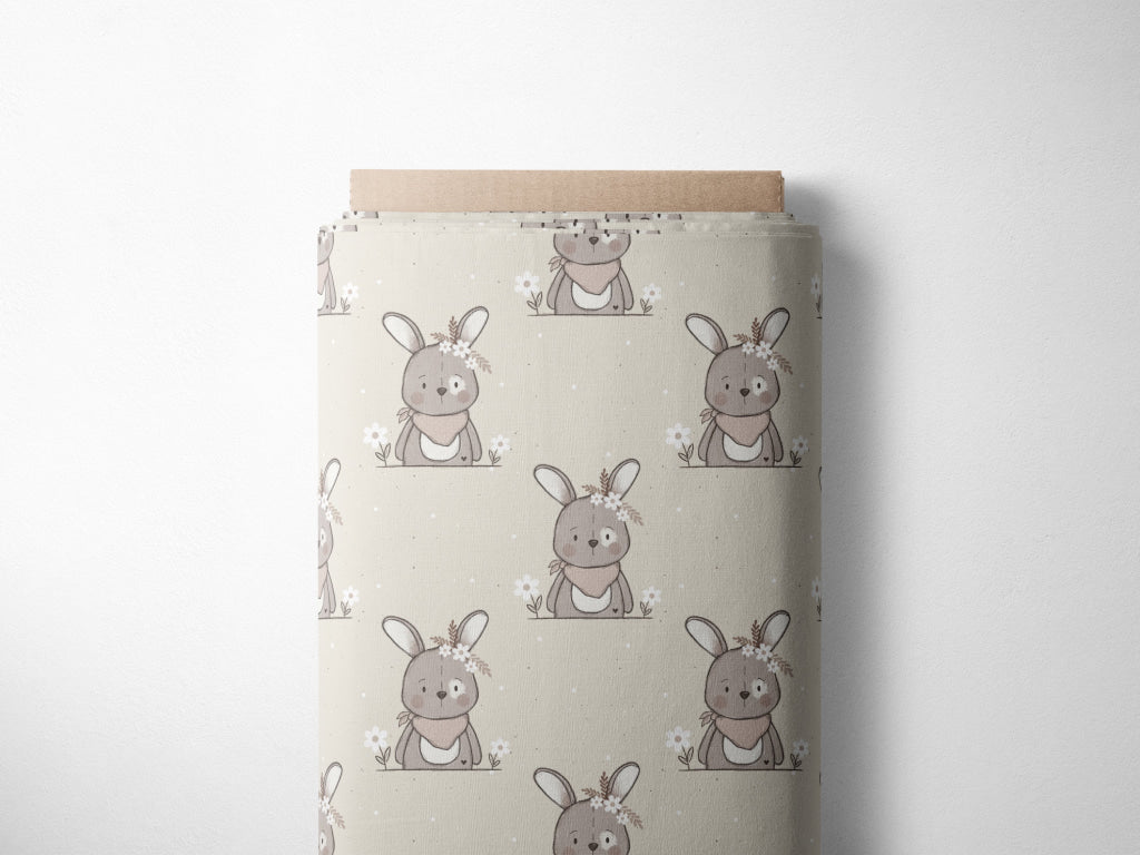 Lagerware: Bio Jersey „Sommer Hasi“ exklusive Eigenproduktion Bio Jersey, 95% Baumwolle, 5% Elasthan, 210g/m², Länge: