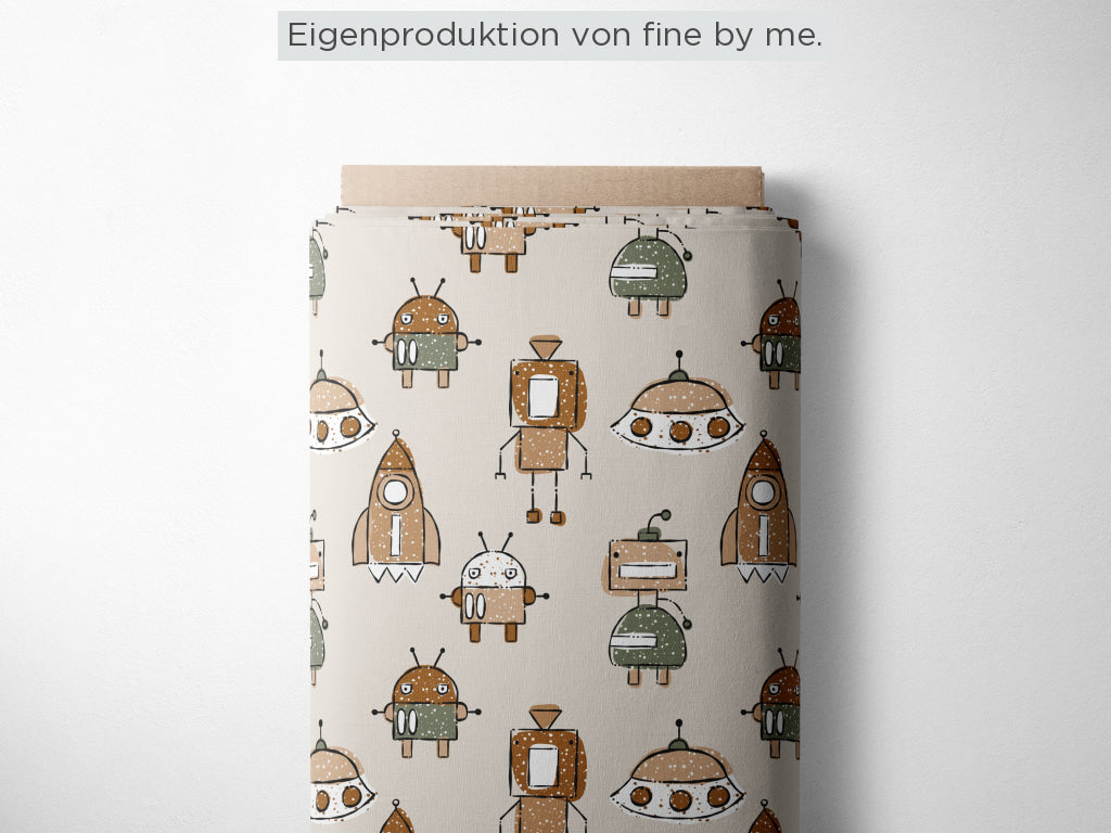 Lagerware: Bio Sommersweat „Dotty Robots“ exklusive Eigenproduktion Bio Sommersweat, 95% Baumwolle, 5% Elasthan,
