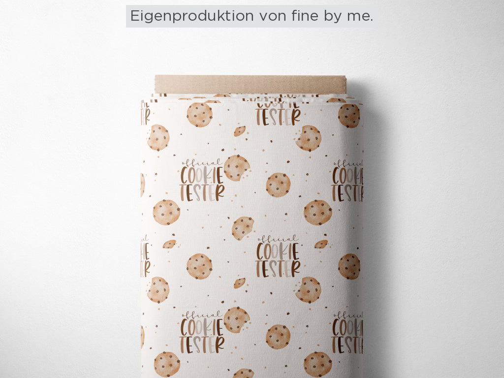RESTSTÜCK 140cm Bio Jersey „Cookie Tester chocolate“ Eigenproduktion Bio Jersey, 95% Baumwolle, 5% Elasthan, 210g/m²,