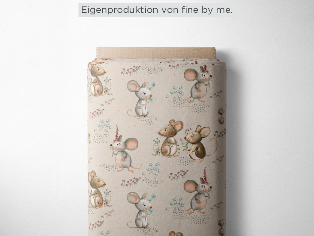 RESTSTÜCK 102cm Bio-Jersey „Blumenmäuschen beige“, exklusive Eigenproduktion