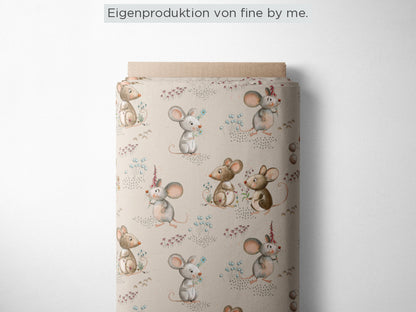RESTSTÜCK 102cm Bio-Jersey „Blumenmäuschen beige“, exklusive Eigenproduktion