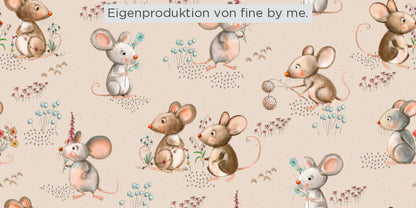 RESTSTÜCK 102cm Bio-Jersey „Blumenmäuschen beige“, exklusive Eigenproduktion
