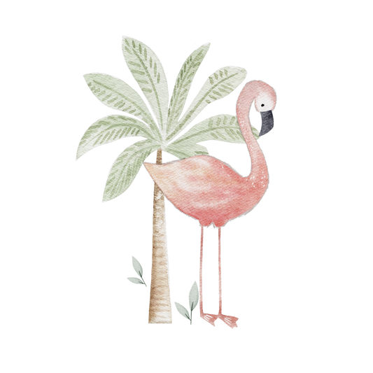 Niedliches Bügelbild im Aquarellstil mit einem rosa Flamingo und einer grünen Palme, verfügbar in 6 verschiedenen Größen. Das Bild aus DTF-Transferfolie zum Aufbügeln auf Textilien eignet sich perfekt für Kinderkleidung und sommerliche Accessoires.