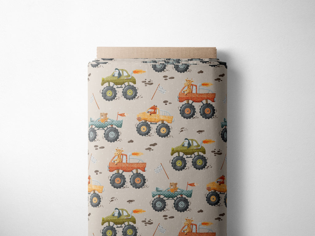 Lagerware: Bio Jersey „Monstertrucks“ exklusive Eigenproduktion Bio Jersey, 95% Baumwolle, 5% Elasthan, 210g/m², Länge: