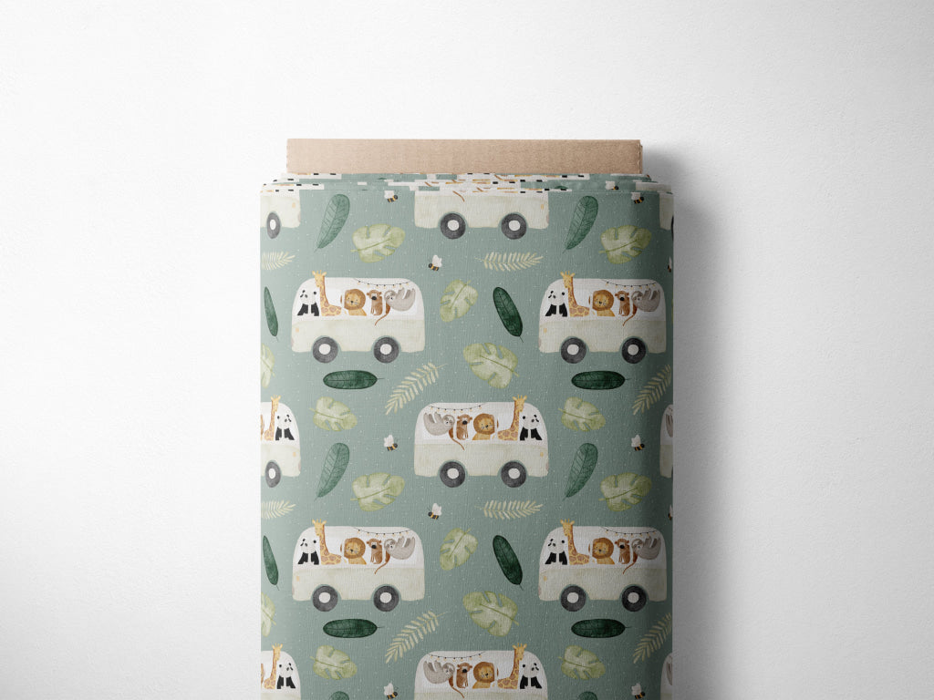 Lagerware: Bio Jersey „Safaribus“ Eigenproduktion Bio Jersey, 95% Baumwolle, 5% Elasthan, 210g/m², Länge: 50cm, Breite: