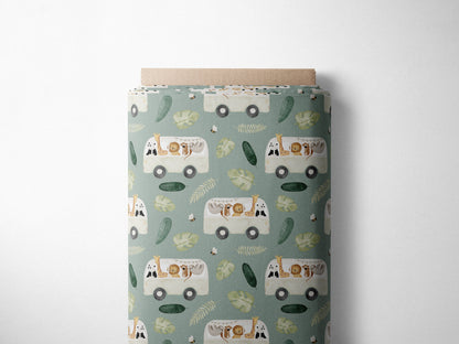 Lagerware: Bio Jersey „Safaribus“ Eigenproduktion Bio Jersey, 95% Baumwolle, 5% Elasthan, 210g/m², Länge: 50cm, Breite: