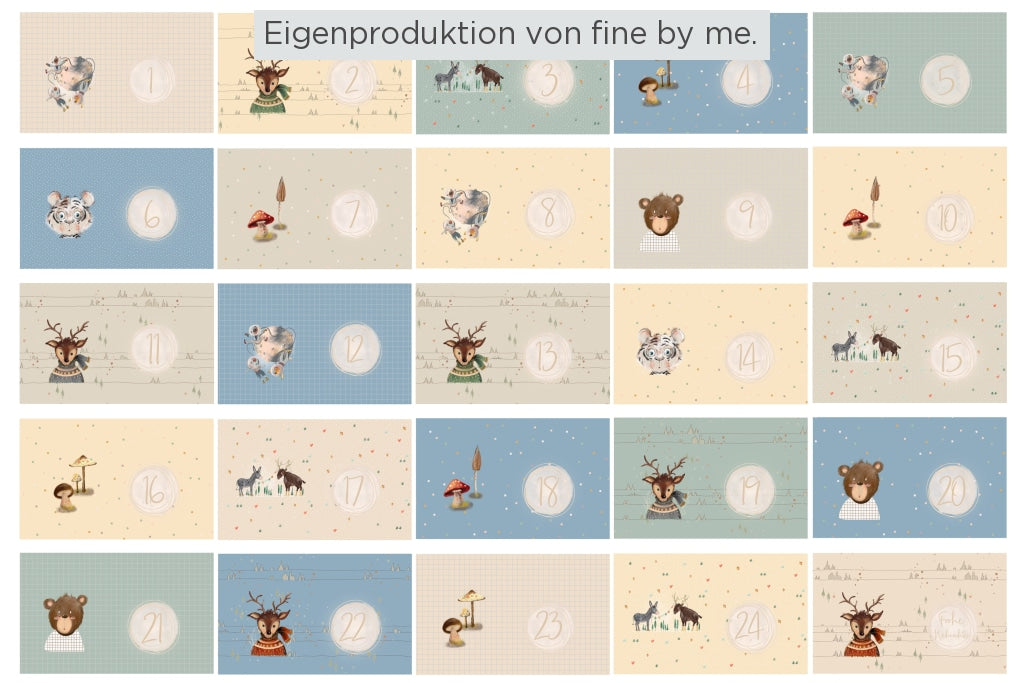 Stoffübersicht Panel Adventskalender „Eda & Mo und ihre Freunde blau“