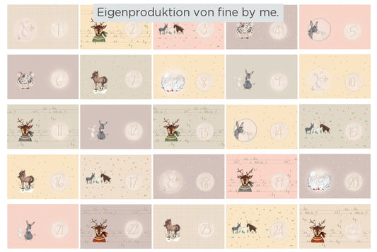 Stoffübersicht Panel Adventskalender „Eda & Mo und ihre Freunde rosa“