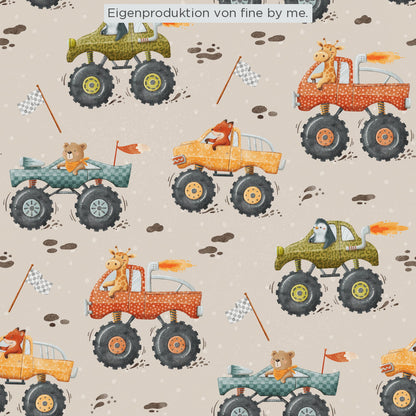 Lagerware: Bio Jersey „Monstertrucks“ exklusive Eigenproduktion Bio Jersey, 95% Baumwolle, 5% Elasthan, 210g/m², Länge: