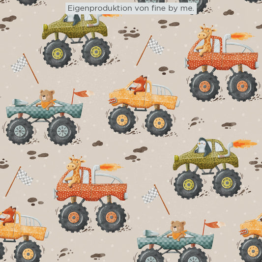 Lagerware: Bio Jersey „Monstertrucks“ exklusive Eigenproduktion Bio Jersey, 95% Baumwolle, 5% Elasthan, 210g/m², Länge: